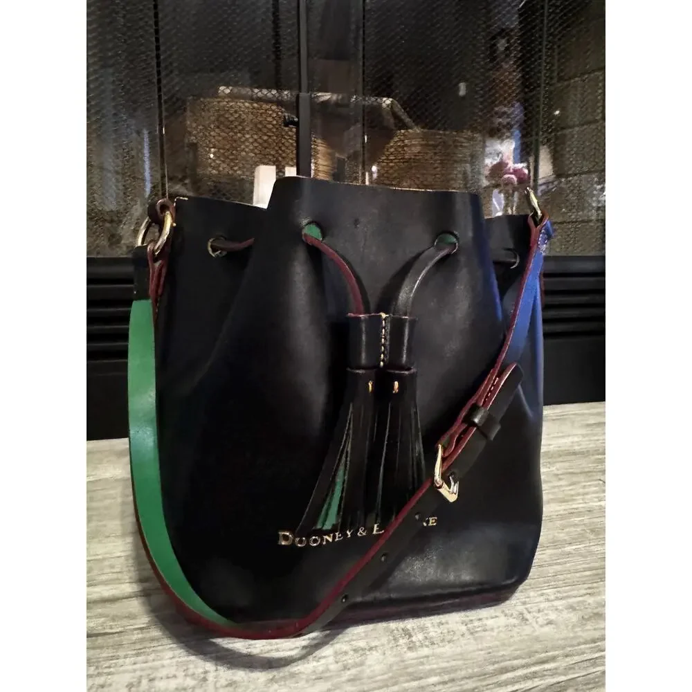 Dooney and Bourke smooth drawstring black green leather Serena Bucket bag purse